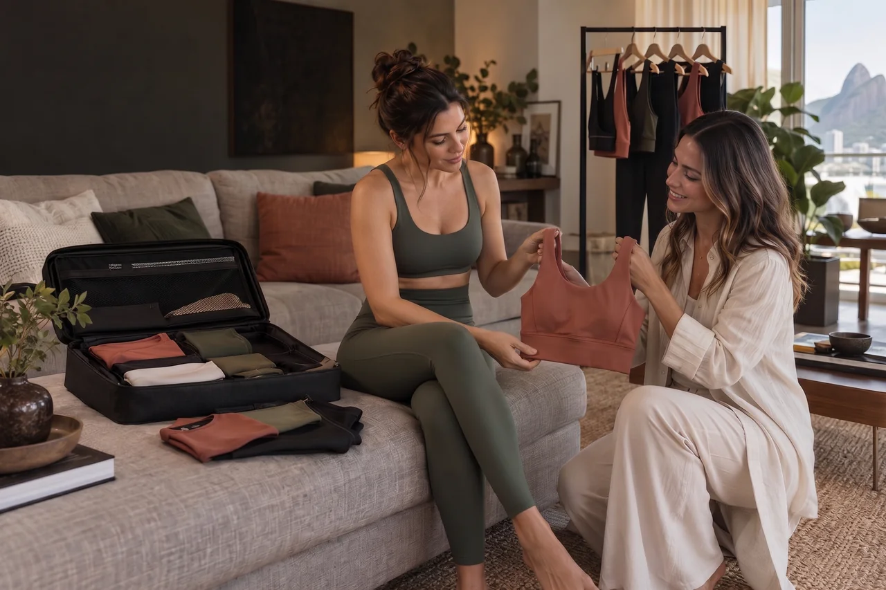 Consultora Zaia apresentando uma seleção de moda fitness para uma cliente em casa