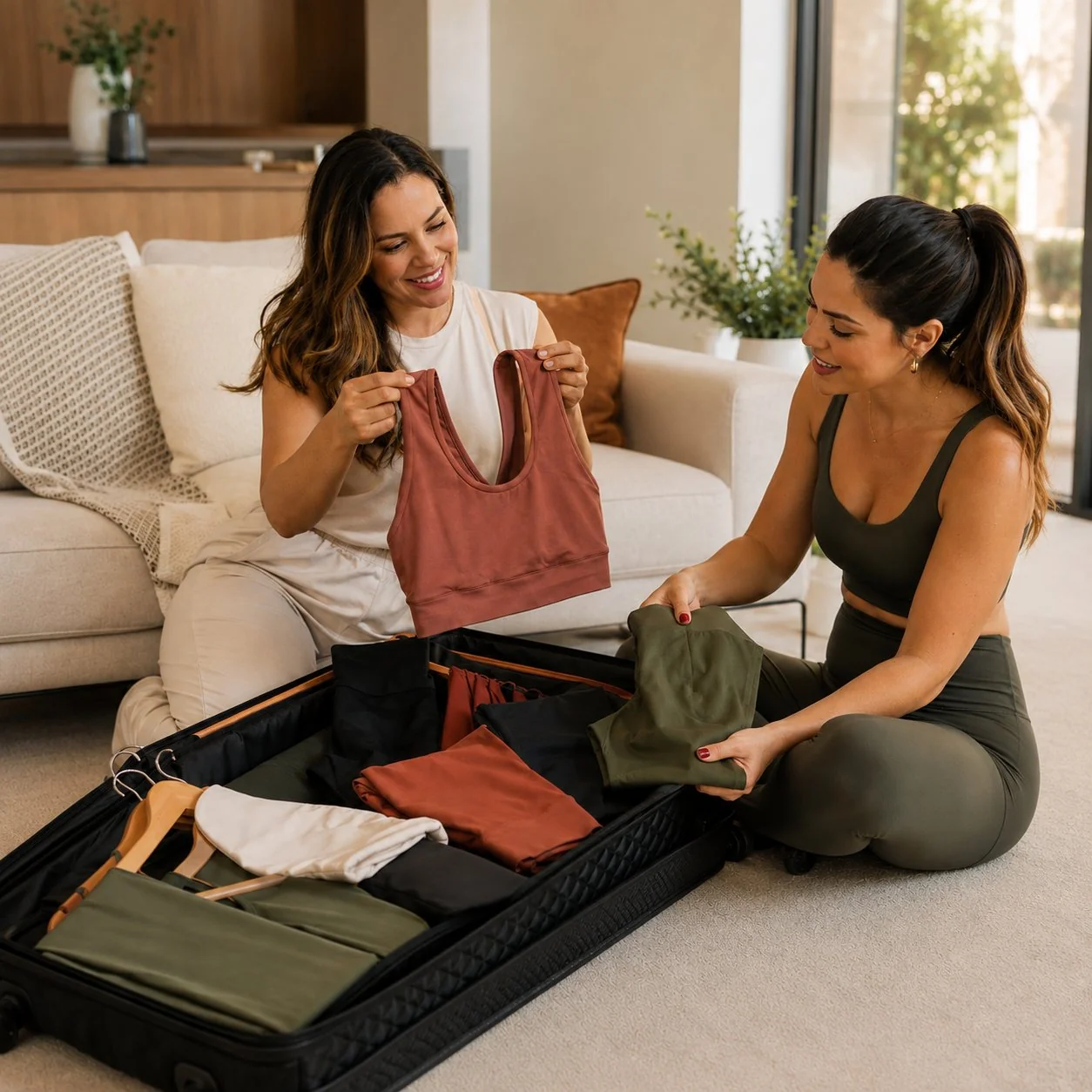 Cliente e consultora Zaia escolhendo roupas fitness em casa, ao lado de uma mala aberta com tops, leggings e shorts.